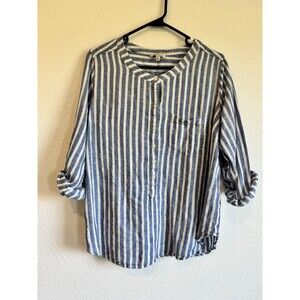 Lucky Brand Women's Blue White Striped Gauzy Shirt Henley Roll Tab 1X *flaws*